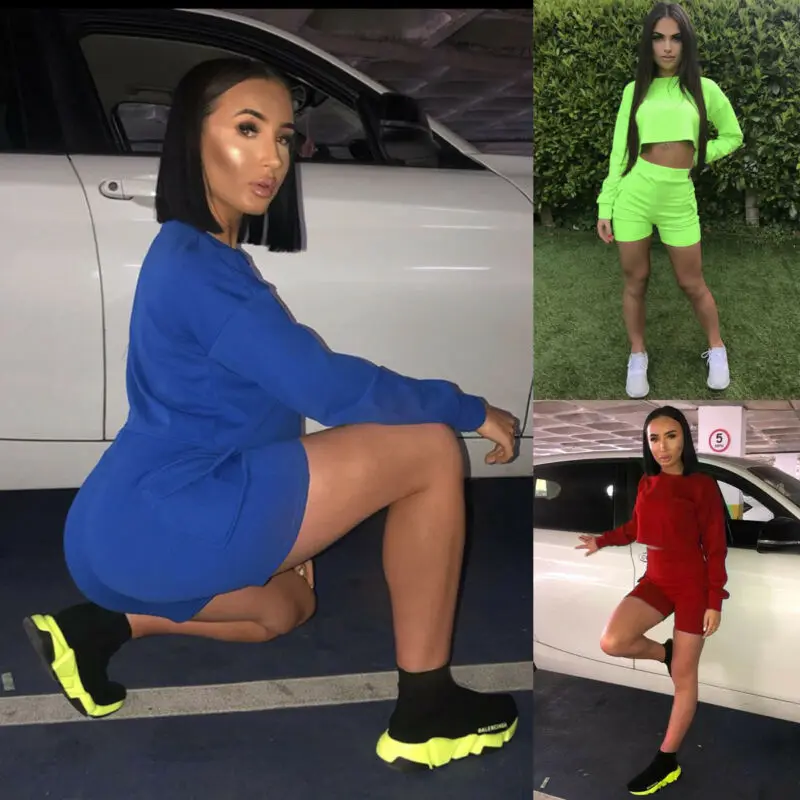 Wholesale 2Pcs Women Stretch Tracksuits Long Sleeves Crop Sweatshirt Top Jogging Shorts Sports Suit Outfit Set Casual New |