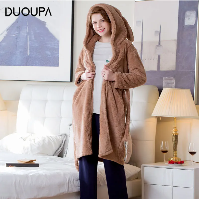 

2019 Autumn and Winter Thick Warm Long Section Nightgown Female Hooded Rabbit Ears Cute Nightgown Furry Pajamas Home Clothes