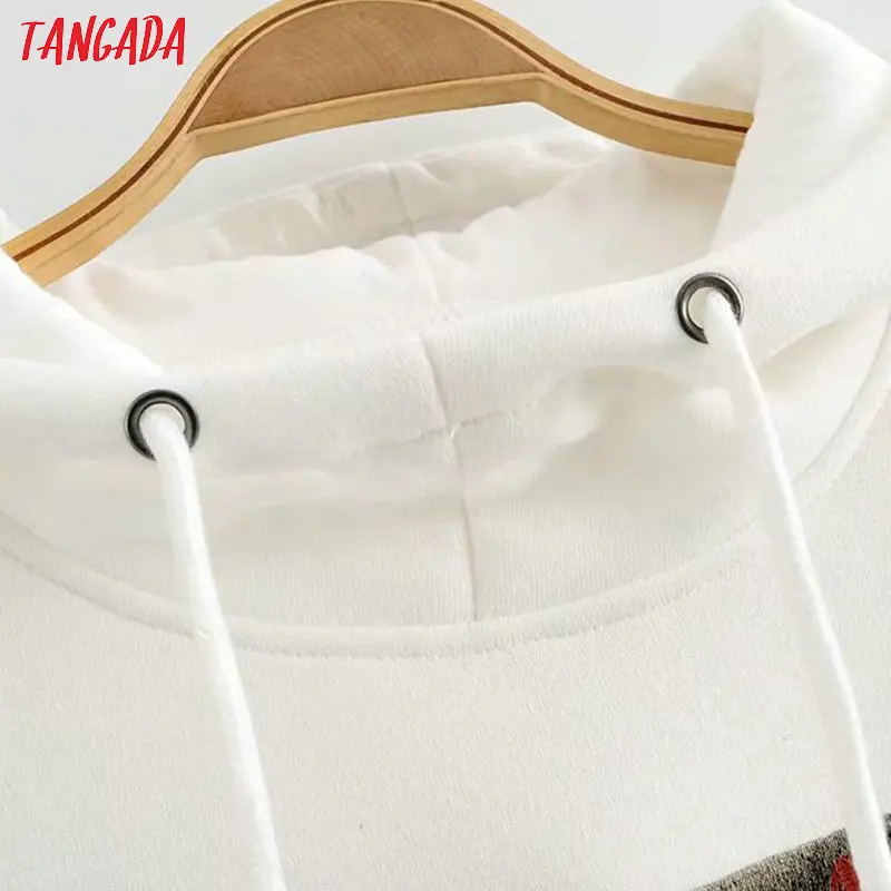 Tangada women charater print white hood sweatshirts oversize long sleeve loose pullovers casual ladies tops 2R02