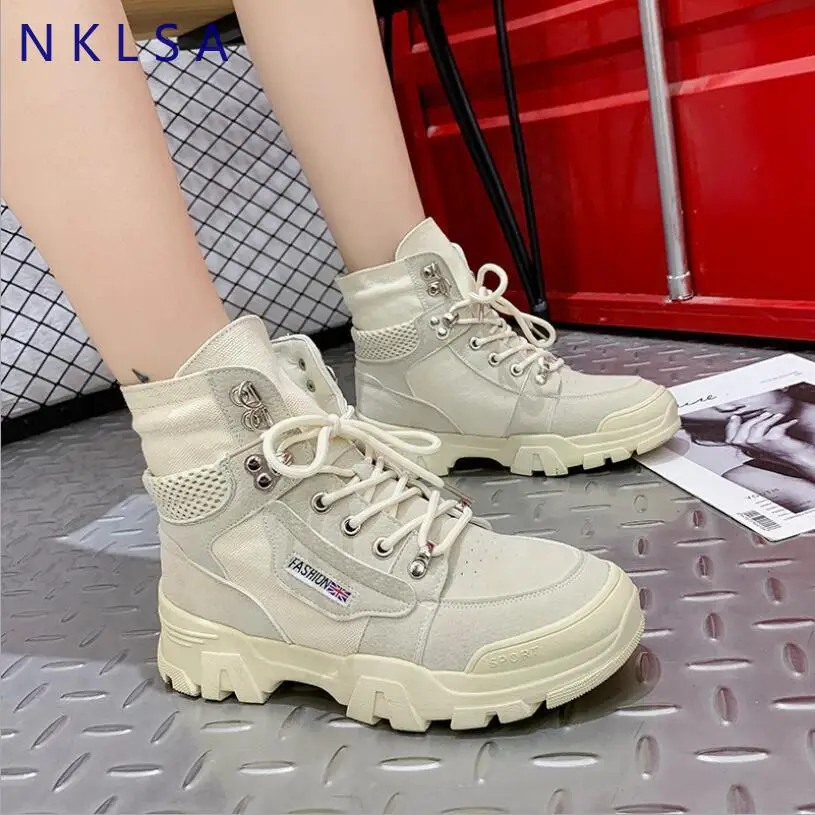 

NKLSA 2019 Autumn New Leather Women's Platform Chunky Sneakers Fashion Women Flat Thick Sole High Shoes Woman Ankle Boots