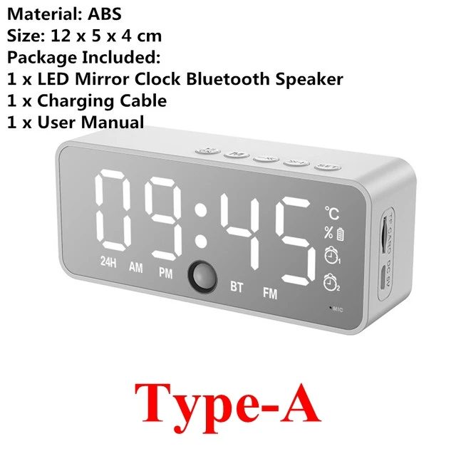 LED Mirror Digital Alarm Clock Wireless Bluetooth Speaker Audio Broadcast V6X2 