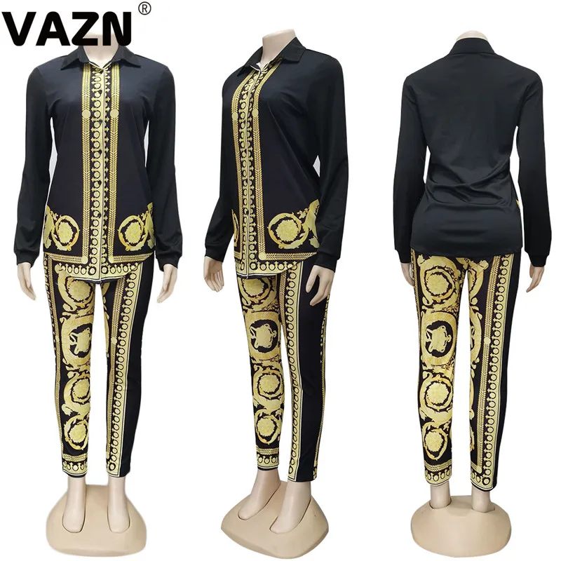VAZN YC1925 классический черный Инди фолк винтажный принт офисная мода длинный рукав длинные брюки шифон тонкий женский комплект из 2 предметов