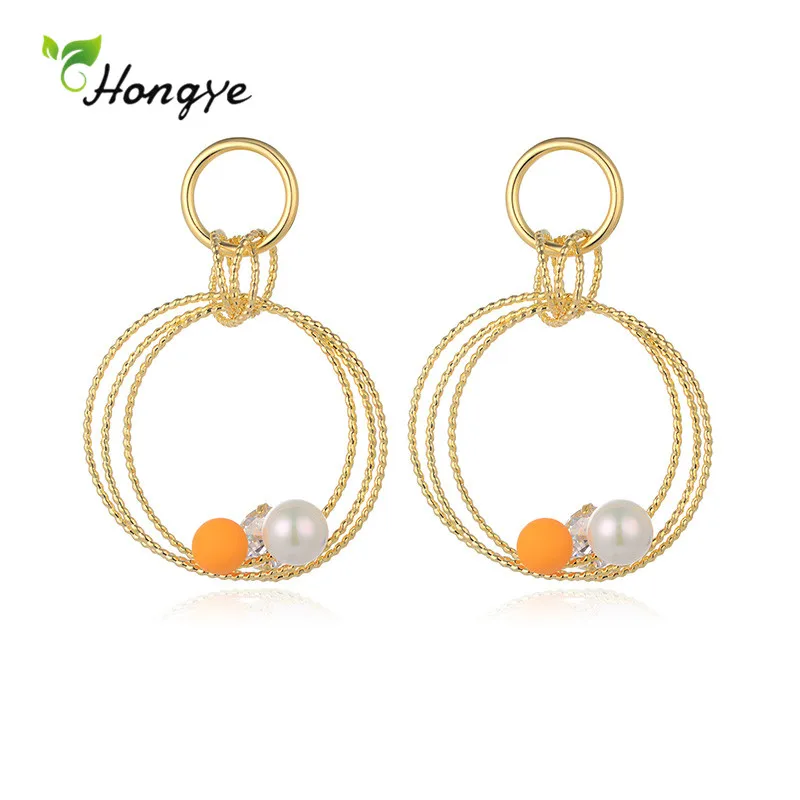 

Hongye Bohemian Large Hollow Round Pearl Drop Earrings for Women Crystal Bead Party Fashion Multi Circle Metal Brincos Jewelry