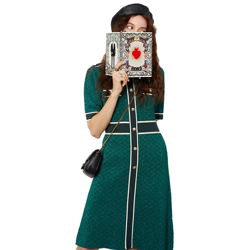 ELFSACK Green Singel Chic Button Knitted Casual Korean Dress Women,2020Autumn ELF Vintage Short Sleeve Female Slim Party Dresses