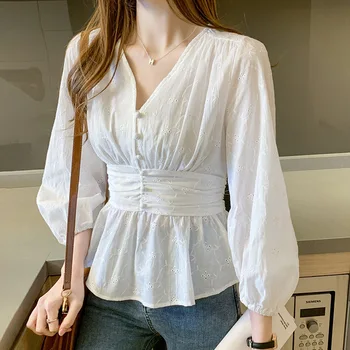 

French Vintage Puff Sleeve Tops Long Sleeve Women Blouse