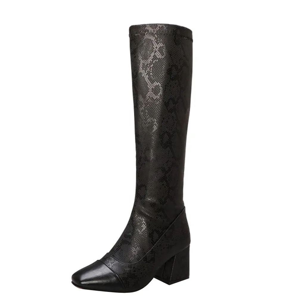 Обувь; модные женские ботинки; zapatos de mujer; женские Сапоги выше колена с боковой молнией; высокие сапоги-трубы на высоком квадратном каблуке со змеиным узором