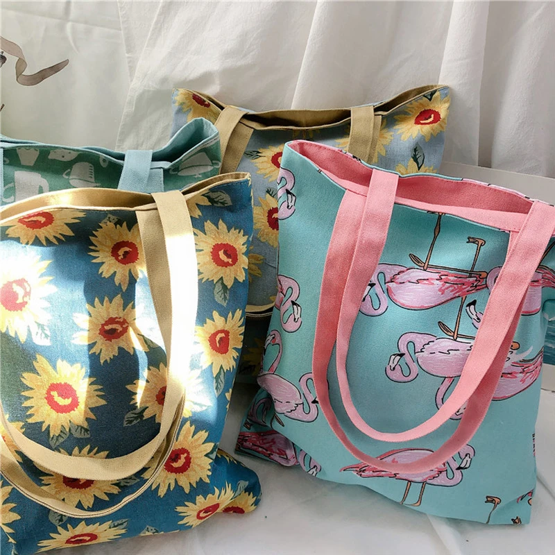 Bolso de mano de lona de algodón para mujer y niña, bolsa hombro de Tela con estampado de flamencos girasoles, bolso de compras informal para comestibles|Bolsos de hombro| - AliExpress