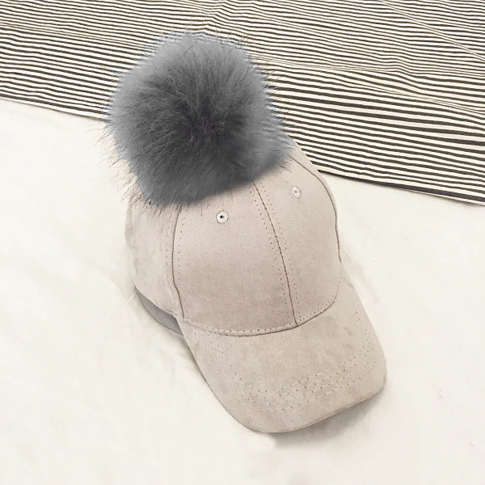 Fashion WomenBig hair ball suede baseball cap female curved capWinter Hats M0802