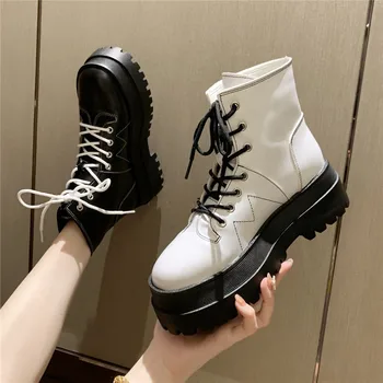 

COOTELILI Women Ankle Boots Fashion Shoes Round Toe 6cm Heel Lace Up Black And White Casual Shoes For Woman Basic Size 35-40