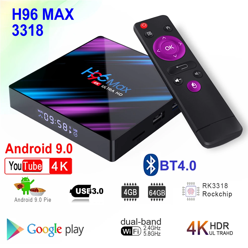 Baratos Android 9,0 caja de TV inteligente H96 MAX 3318 4GB RAM 64GB ROM Rockchip RK3318 BT4.0 USB3.0 2,4G 5G Dual WIFI 3D HDR 4K reproductor de medios