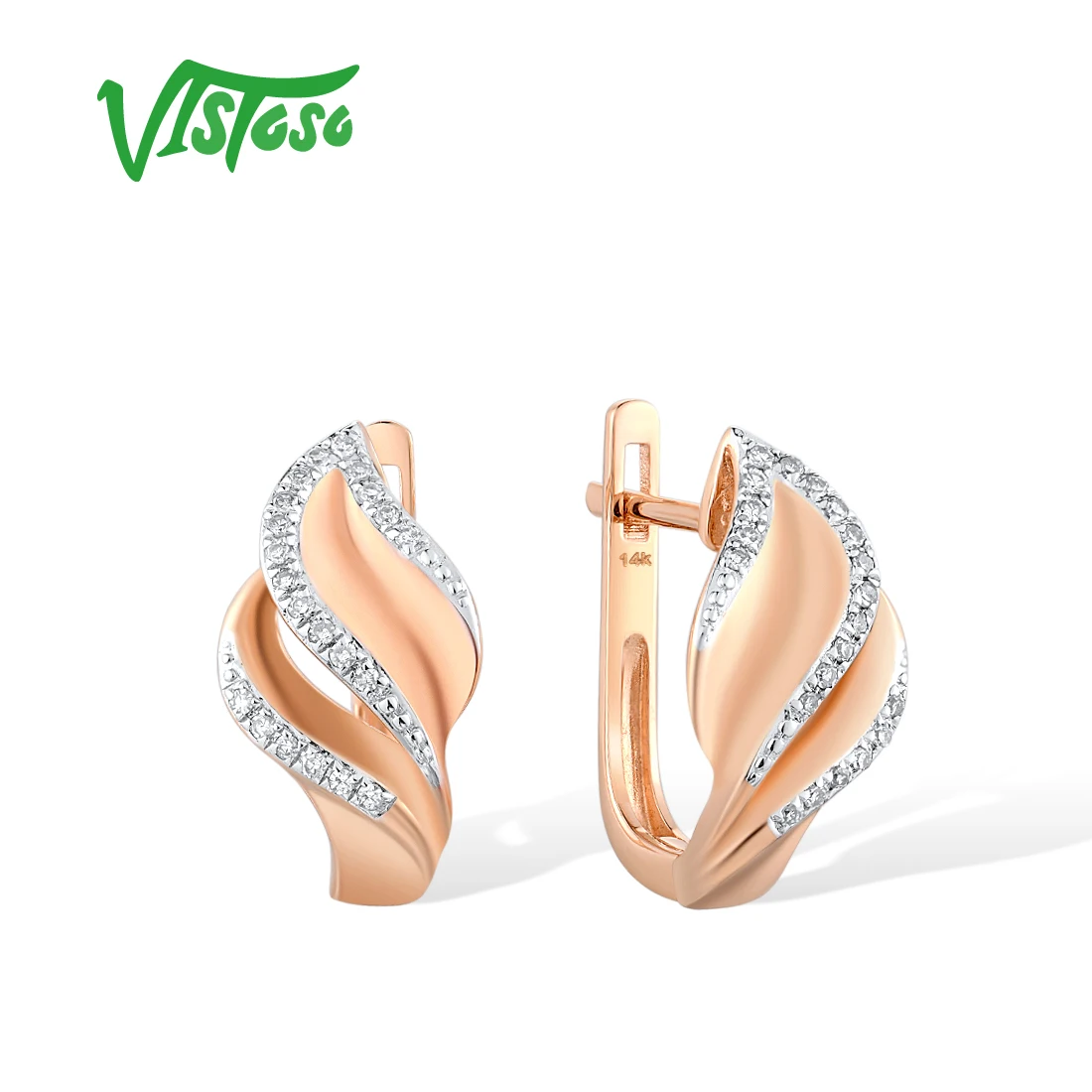 

VISTOSO 14K 585 Rose Gold Earrings For Lady Glamorous Elegant Sparkling Diamond Leaf Earrings Wedding Engagement Fine Jewelry