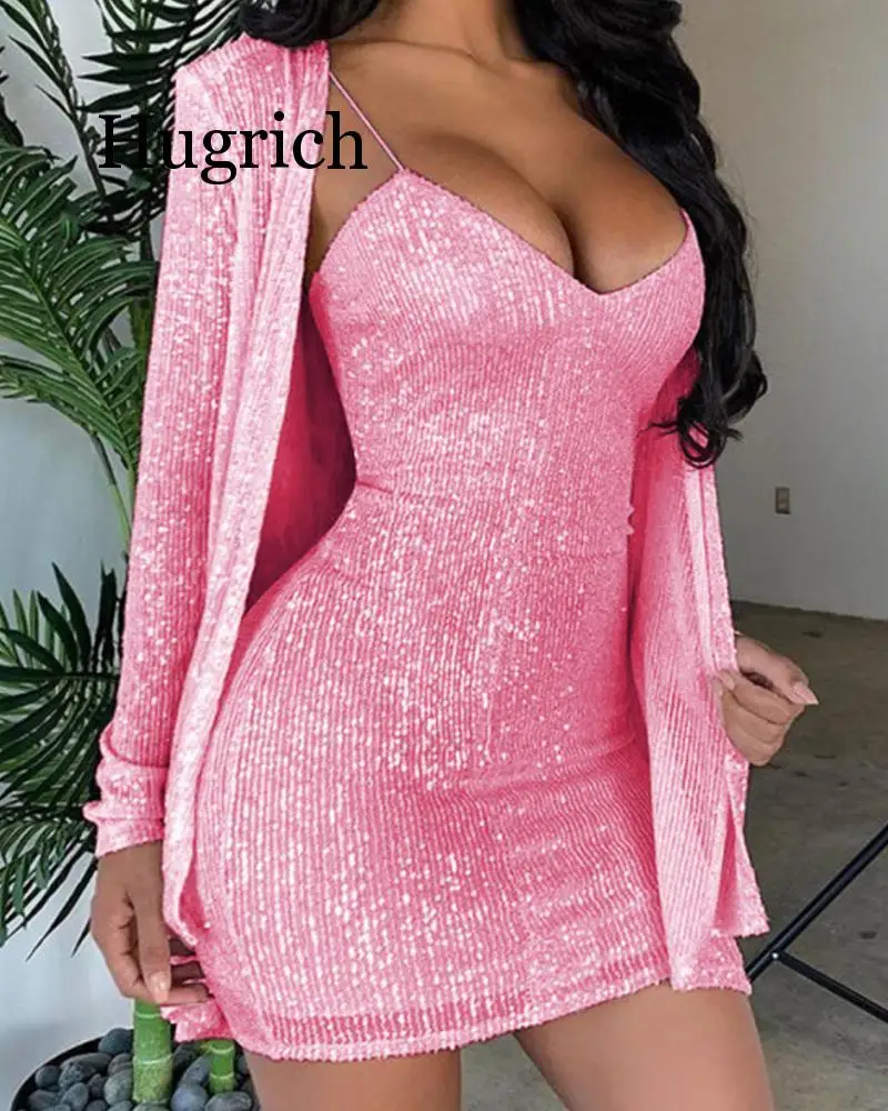

2020 Women Sequined Coat & Slip Dress Set V-neck Mini Dress Open Cardigan Sets
