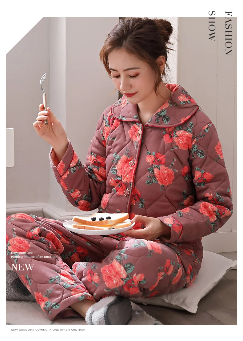 Большие размеры 3XL, зимние женские пижамы, утолщенные хлопковые Пижамные комплекты с цветочным принтом, толстая теплая зимняя Пижама, женская ночная рубашка, одежда для сна