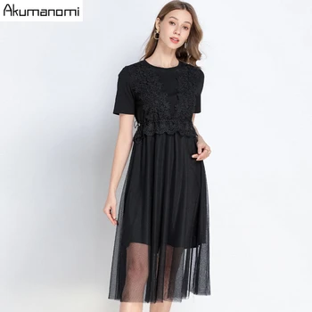 

Plus Size Black Lace Mesh Casual Summer Dress For Women 5xl 4xl 3xxl O-neck Short Sleeve A-line Elegant Office Midi Dresses Hot