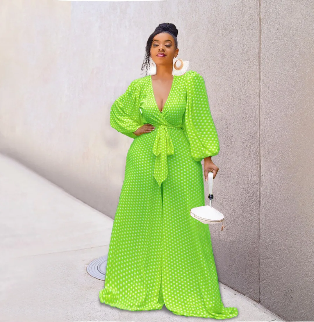 

Autumn Winter Women's Dot Printed Loose Wide-leg Jumpsuits Green Female Casual Sexy V-neck Long Sleeve Playsuits Lace Up Rompers