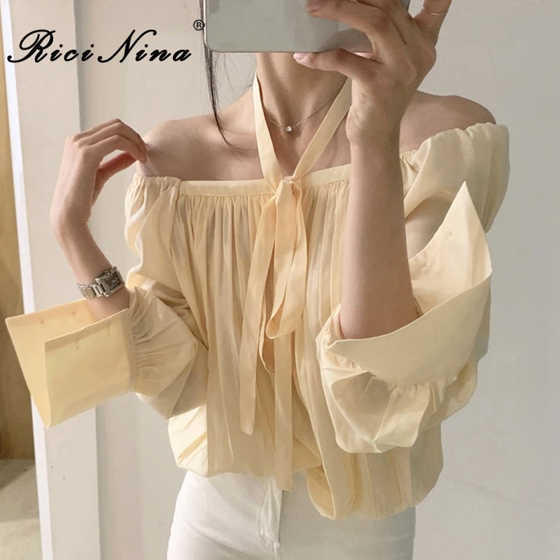 RICININA Womens Blouses And Tops 2020 Split Lace Up Off Shoulder Solid Casual Elegant Shirt Women Chiffon Femme T |