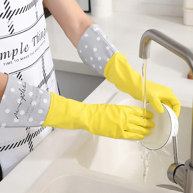 Green Hot Sale Women Waterproof Rubber Latex Gloves Flannel Gloves Kitchen Household Cleaning Gloves Non-Slip Long Rubber Gloves Washing Bowl Laundry Cleaning 