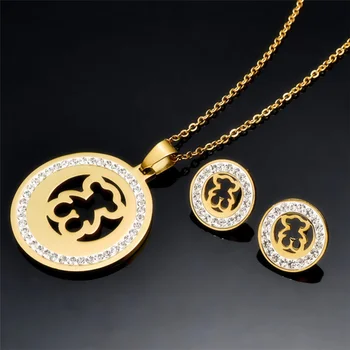 

Bear Pendant Earrings Necklace Set Golden Cute CZ Charm Necklace Women Gift Stainless Steel Necklace Fashion Jewelry