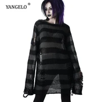 Punk Gothic długi Unisex sweter 2021 lato kobiety paski fajne Hollow Out Hole Broken Jumper Loose Rock cienki ciemny Streetwear Top