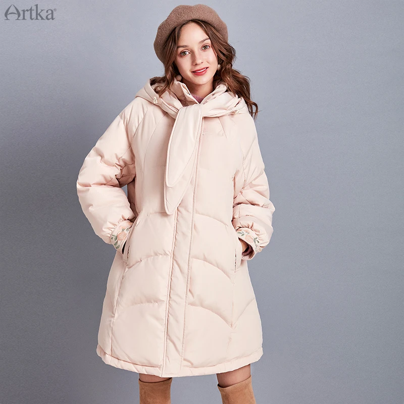 ARTKA, Зимний женский пуховик со съемным капюшоном, 90% белый утиный пух, пальто, свободная длинная плотная теплая верхняя одежда ZK10298D