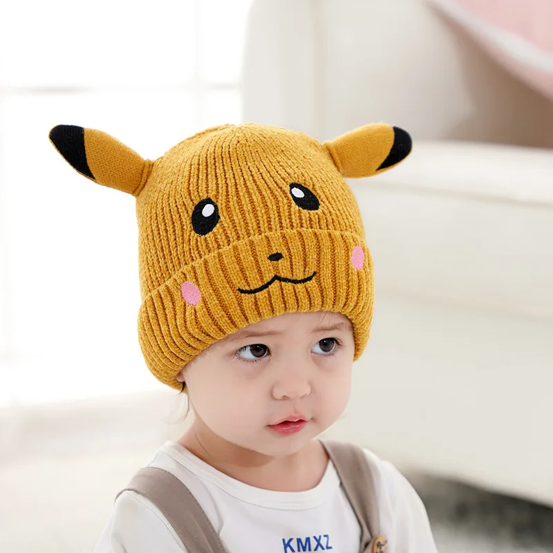 Новая модная вязаная шапка с вышивкой Picachu, милая теплая шерстяная шапка для мальчиков и девочек, подходит для детей от 2 до 5 лет