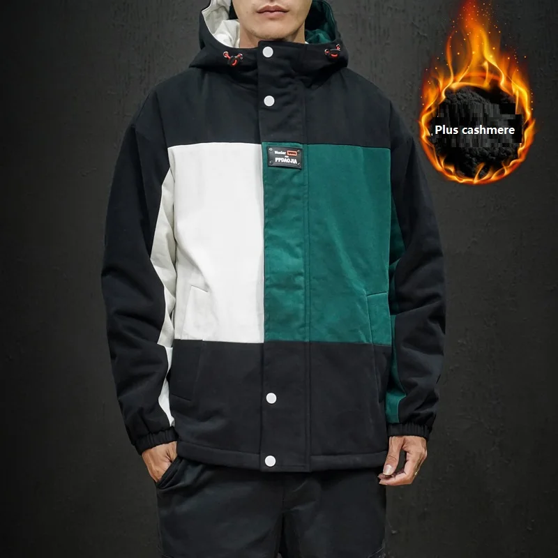 

Men Winter Coat Winter Japanese Male Large Size Contrast Stitching Imitation Lamb Wool Warm Hooded Cotton Coat Men Clothing