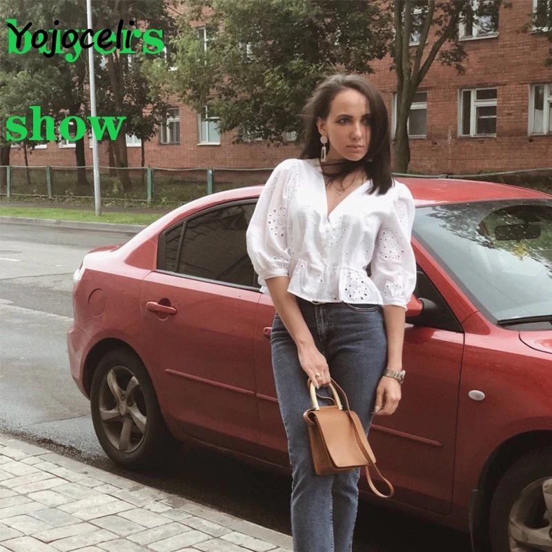 Женская блузка с вышивкой Yojoceli хлопковая v образным вырезом и пуговицами на лето