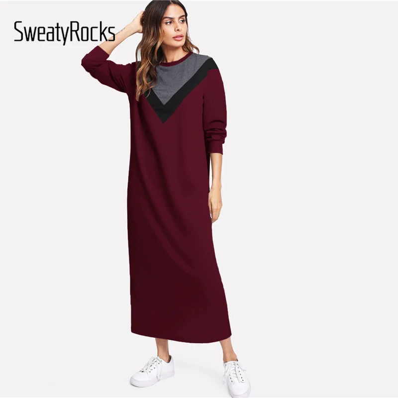 SweatyRocks/Платье макси с цветным блоком и шевроном, осень, повседневная одежда для активного отдыха, платье с длинным рукавом, женское платье бордового цвета