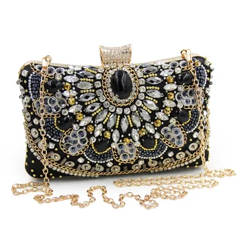 

Vintage Women Beaded Cocktail Box Bag Handmade Evening Clutch Crystal Handbag Diamond Hasp Classical Wedding Purse Party B007