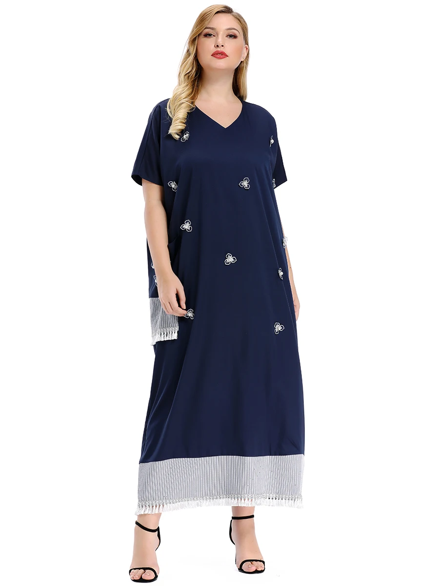 

High Quality Fashion Women Blue Dress Summer Short Sleeve V-Neck Casual Loose Dress Female Street Plus Size Dress VestidosToleen