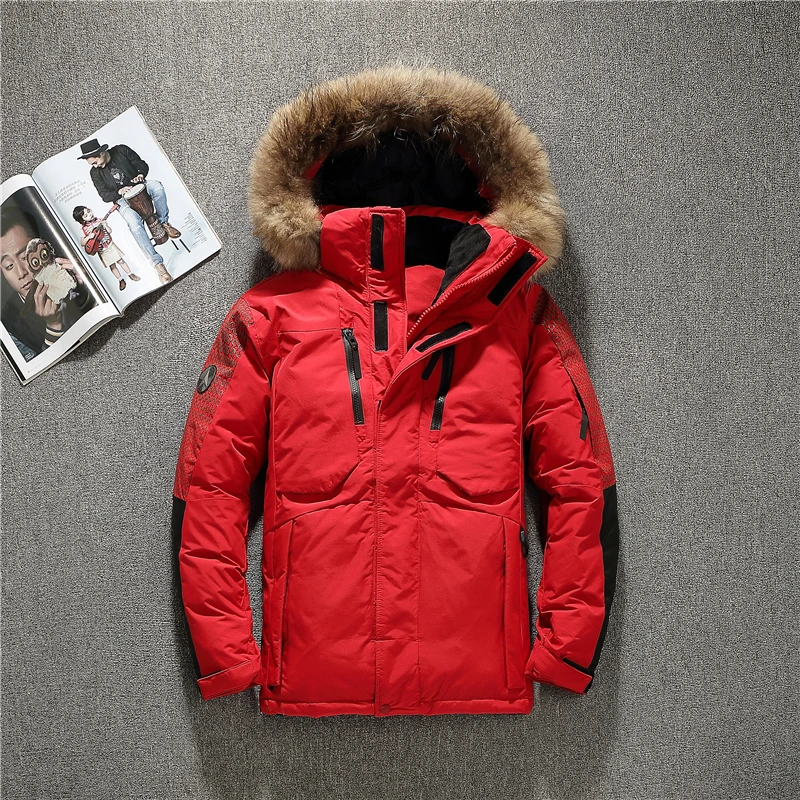Новая зимняя мужская куртка на утином пуху Мужская модная пуховая куртка с капюшоном лоскутное ветрозащитное водонепроницаемое меховое утепленное пальто с капюшоном - Цвет: Красный