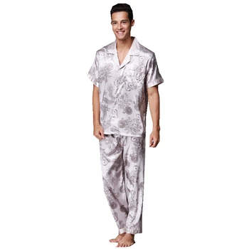 

2020 Retro Fashion V Neck Short Sleeve Pyjamas Soft Smooth Fake Silk Pajamas For Men 3XL Pijama Hombre Pyjama Homme Sleepwear