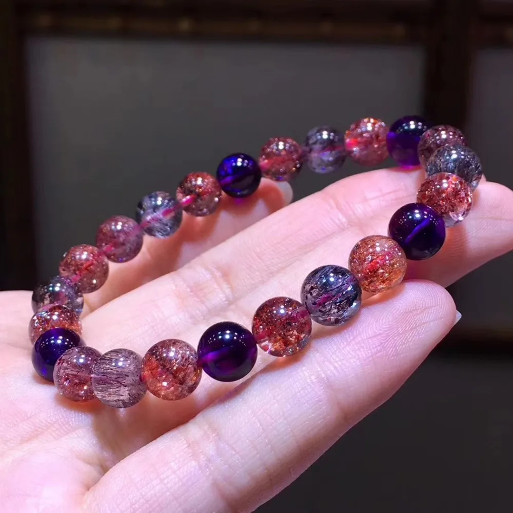 Сертификат натуральный Lepidocrocite кварц супер семь 7 Красочные рутиловые хрустальные прозрачные круглые бусины браслет 8 мм для женщин AAAAAA