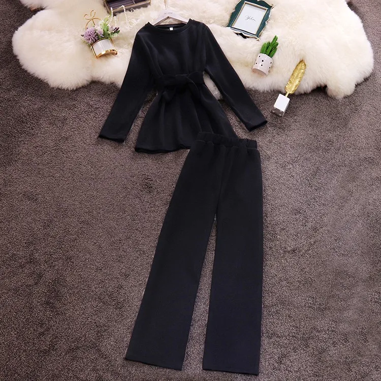 Круглый вырез с длинными рукавами галстук-бабочка топ с высокой талией широкие брюки костюм женский Осень новая Корейская версия