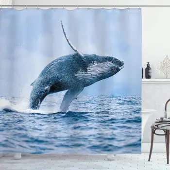 

Underwater Shower Curtain Breaching Massive Humpback Whale Big Fish Dangerousnimal Predator Surface Bathroom Decor Set with Hook