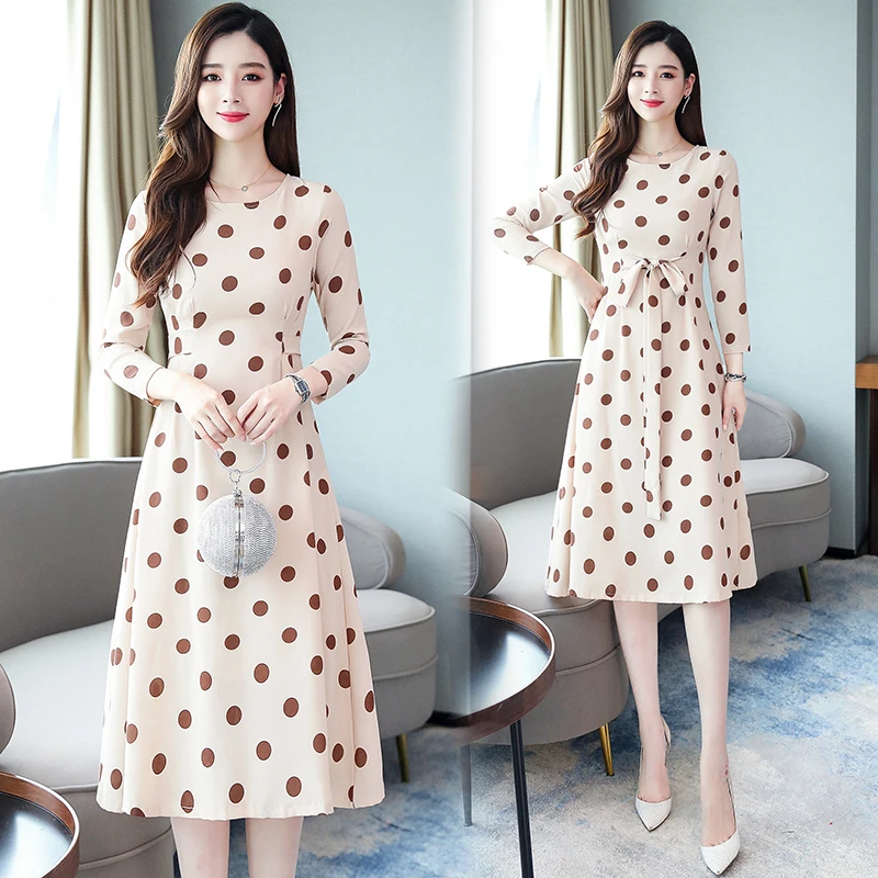 

Spring and Autumn High Waist Chiffon Women Dress Sashes Polka Dot Dress Elegant Fairy Dinner Dresses for Women