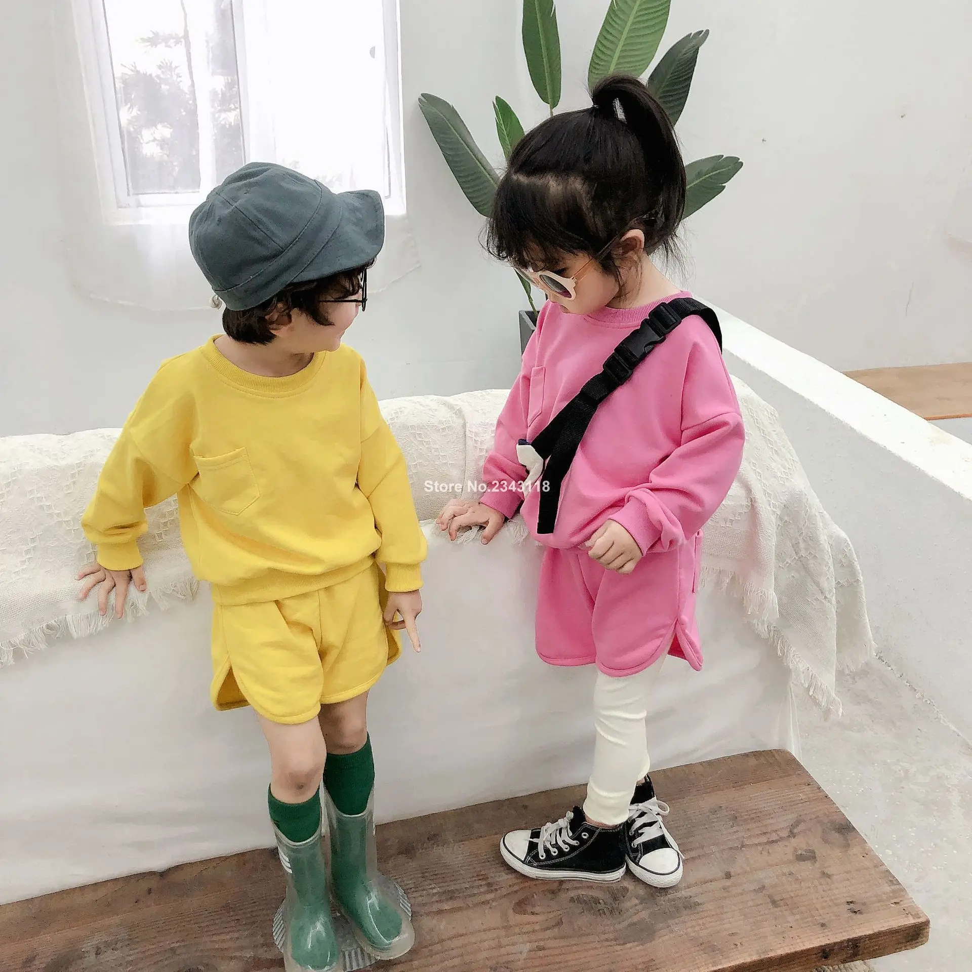 Spring Kids Cotton Solid Color Sports Suits Boys Girls Long Sleeve Pullover+ Shorts 2pcs Sets Children Clothing