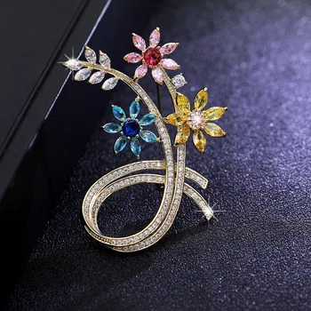 

OKILY Luxurious Colorful Zircon Brooch Pin Delicate Flower Floral Scarf Pins and Brooches for Women Broch Valentine's Gift