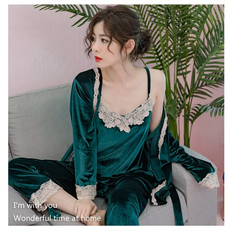Autumn and Winter Fashion Korean Golden Velvet Korean Three Piece Set can Go Out Lace Pajamas Women's Home Clothes Set