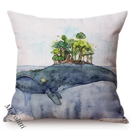 Blue Whale Style Ocean Animal Cushion Cover Water Color Painted Girls and Whale Dolphin Fairy Tales Decoration Sofa Pillow Cover 0097-12