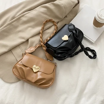 

Retro Women Pleated Messenger Handbags Solid Color Woven Belt Small Female PU Leather Love Buckle Travel Shoulder Crossbodys