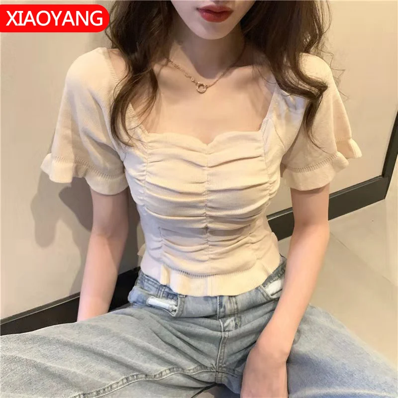 

Summer 2020 New Retro French short top with exposed collarbone careful machine slim short sleeve knit women XXZ58