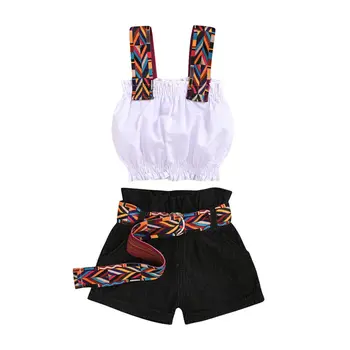 

2020 2PCS Baby Summer Clothing Kids Toddler Baby Girl Colorful Strap Tops Vest Shirt +Shorts Jeans With Sash Outfit Clothes 1-6Y