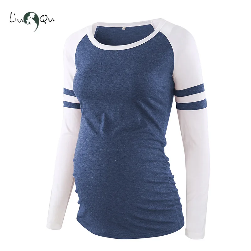 

Maternity Long Sleeve Patchwork Striped Round Neck Pregnant Blouses Shirred Maternity Clothes Casual Comfortable Pregnancy Shirt