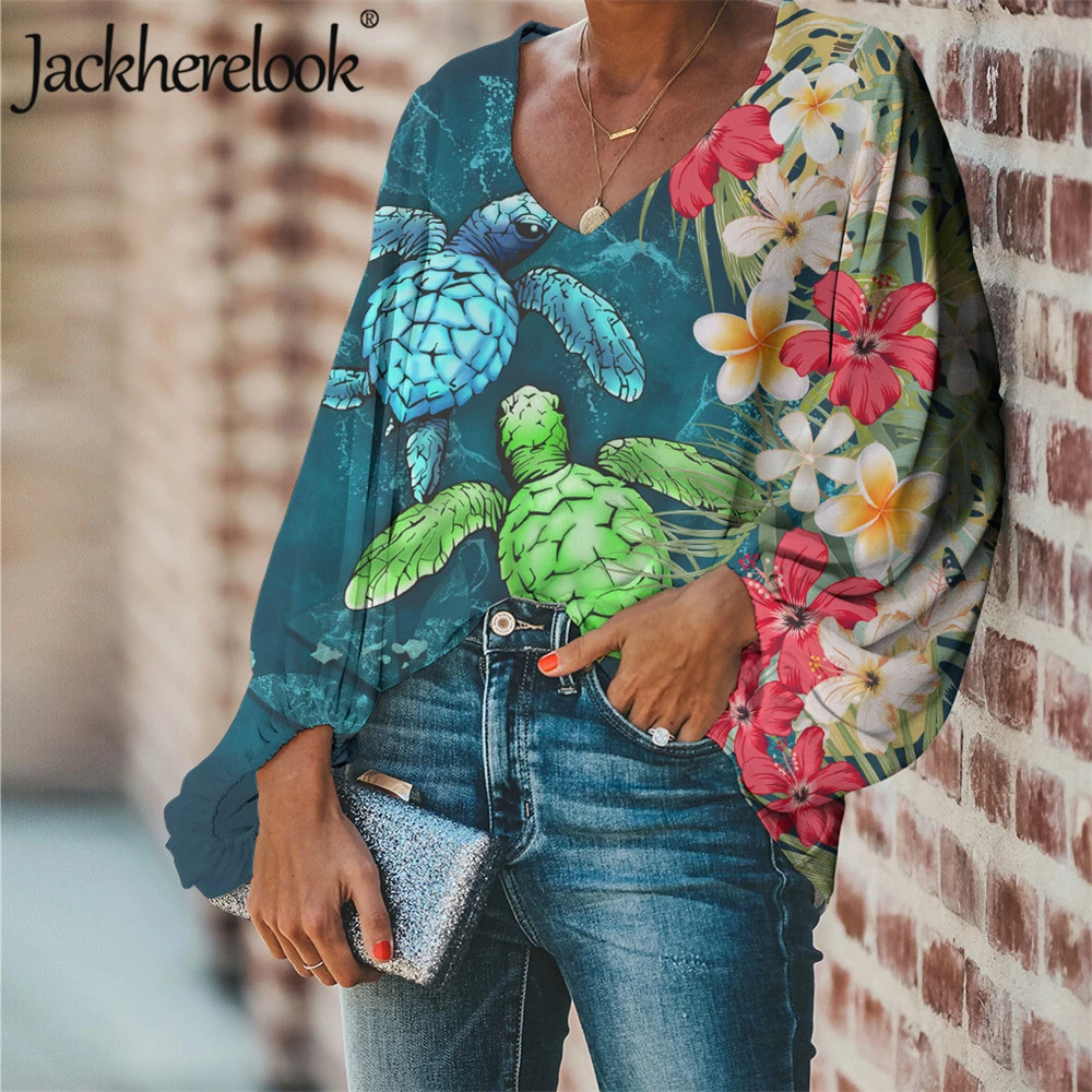Jackherelook Plus Size Blouse for Womens Tops Turtle Tropical Hibiscus Plumeria Brand Design Harajuku Top Shirt Blusas Mujer|Blouses & Shirts| AliExpress