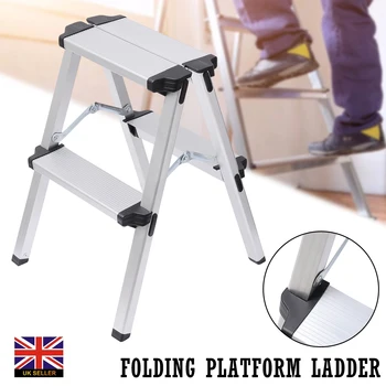 

2 Step Aluminum Folding Ladder Lightweight Ascending Platform Step Ladder Rack Stair Non-slip Rubber Treads For Home Renovation