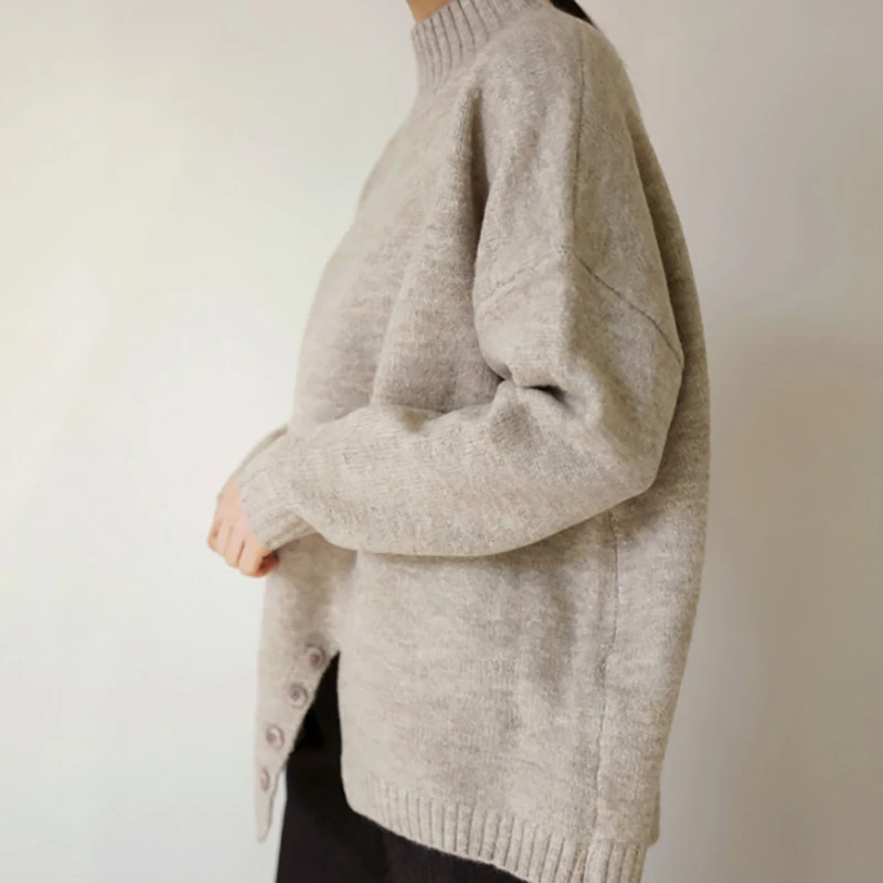 CHICEVER корейский Асимметричный свитер для женщин водолазка воротник с длинными рукавами ВЯЗАННЫЙ ПУЛОВЕР с разрезом свитера женские зима