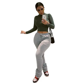 melhor Calças Empilhadas Mulheres Cintura Alta Grosso Quente Drawstring Moda Sweatpants Joggers Mulheres Queda Inverno Plus Size Hip Hop Goth Calças