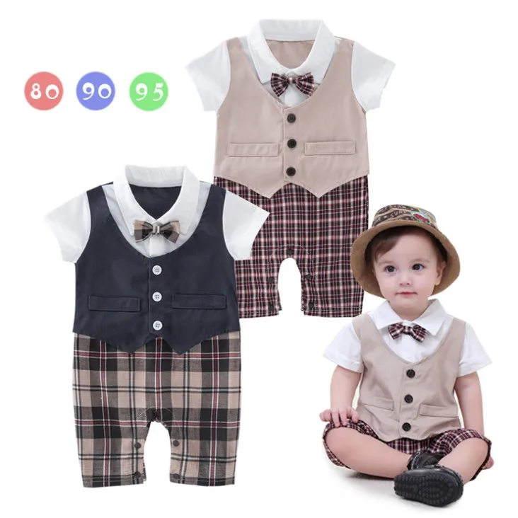 

Summer New Arrival Handsome Plaid Style Short Sleeves False Two Pieces Baby Boy's Jumpsuits/Baby Romper/Kids Clothes 3185