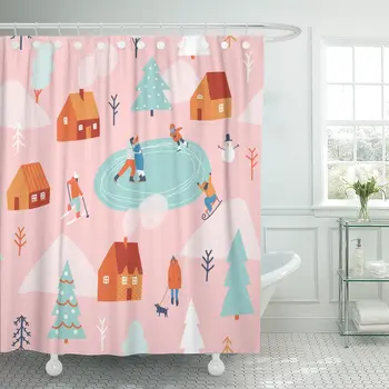 

Winter Snowing Christmas Celebration People Skiing Sledding and Ice Shower Curtain Polyester 60 x 72 inches Set with Hooks